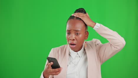 Shock,-phone-and-woman-in-studio-with-green-screen