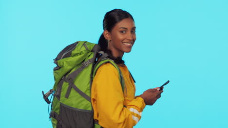 Backpacking,-travel-and-phone-with-woman-in-studio