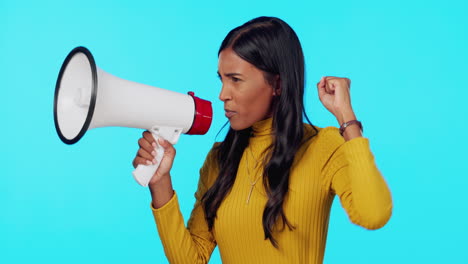 Woman,-megaphone-and-protest-shouting-in-studio