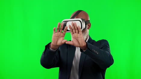 VR,-green-screen-and-black-man-isolated-on-studio