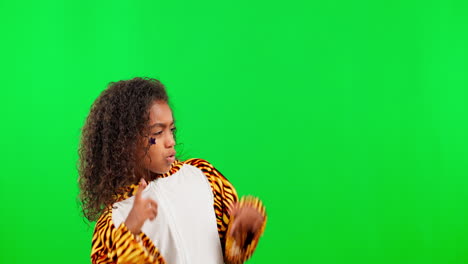 Playful,-green-screen-and-face-of-a-girl-pointing