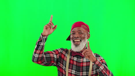 Funky,-face-and-black-man-pointing-on-a-green