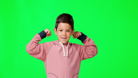 Face,-kid-and-flexing-muscle-on-green-screen