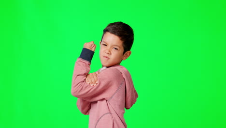 Strong,-face-and-child-in-a-studio-with-green