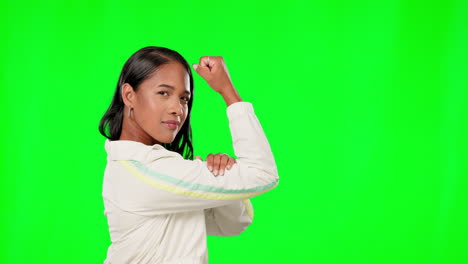 Power,-green-screen-and-woman-flexing-arm