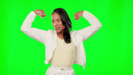 Face,-green-screen-and-woman-in-power-pose