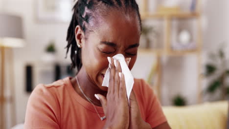 Sick,-woman-and-tissue-for-blowing-nose-in-home