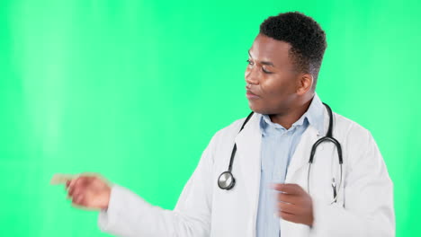 Doctor,-smile-and-black-man-pointing-to-green