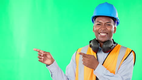 Construction-worker,-happy-black-man-pointing