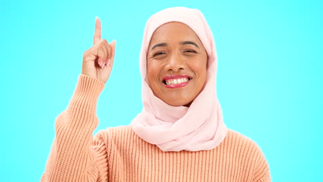 Happy-muslim,-woman-and-pointing-finger-portrait