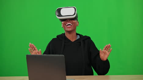 Headset,-green-screen-or-black-woman-in-vr