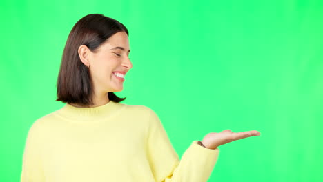 Happy-woman,-face-and-hand-on-green-screen