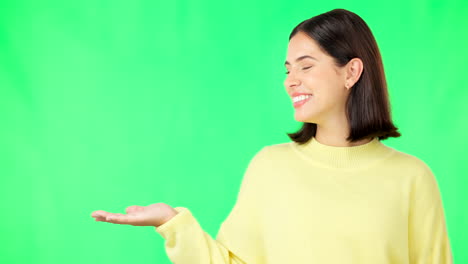 Happy-woman,-hand-and-green-screen-for-product
