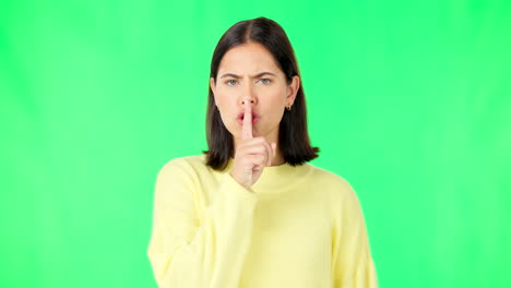 Secret,-green-screen-and-face-of-serious-woman