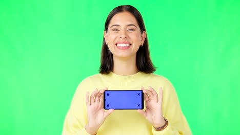 Happy-woman,-phone-and-mockup-on-green-screen