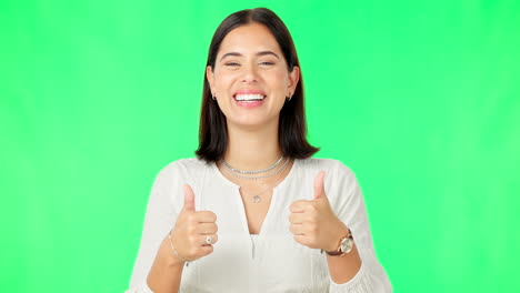 Happy-woman,-hands-and-thumbs-up-on-green-screen