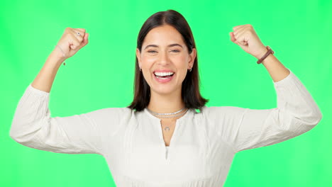 Strong,-green-screen-and-happy-woman-isolated