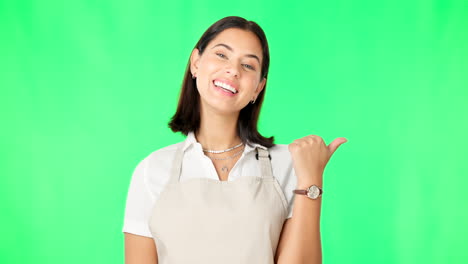 Woman,-happy-and-portrait-on-green-screen-pointing