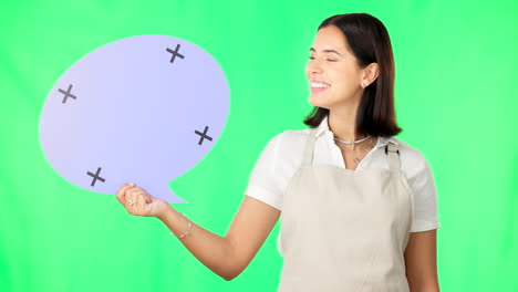 Woman,-speech-bubble-and-smile-on-face-by-green
