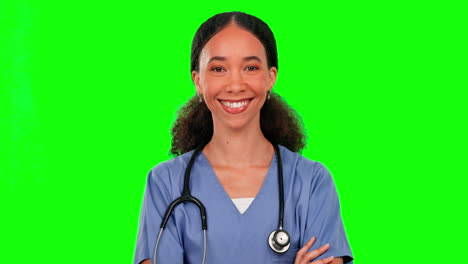 Face,-nurse-and-woman-with-arms-crossed-on-green