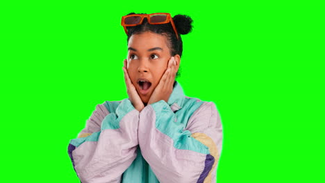 Shock,-woman-and-surprise-face-with-green-screen