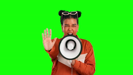Green-screen-megaphone,-screaming-woman-face