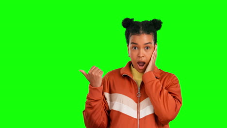 Shock-face,-woman-and-pointing-at-green-screen