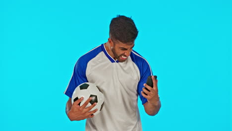 Soccer-ball,-man-and-celebration-with-phone