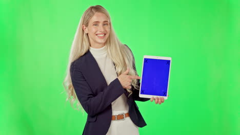 Business-woman,-tablet-and-mockup-on-green-screen