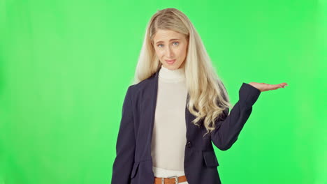 Business-woman,-hands-and-green-screen-with-space