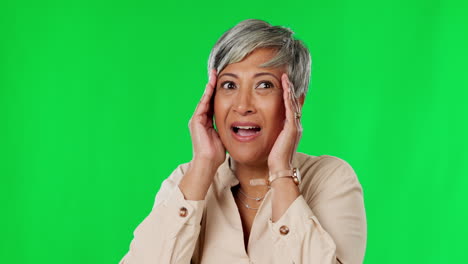 Green-screen,-surprise-and-face-of-senior-woman