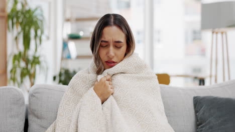 Sick-woman,-blanket-and-sneeze-of-nose-for-cold