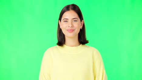 Woman,-green-screen-and-face-with-happy-wink