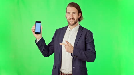 Businessman,-phone-and-mockup-on-green-screen