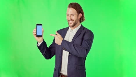 Businessman,-pointing-and-phone-on-green-screen