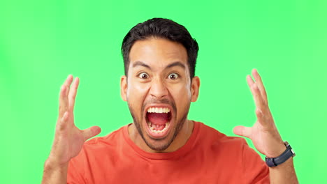 Shout,-face-and-male-in-a-studio-with-green-screen