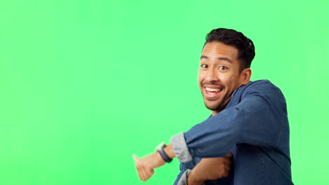 Asian-man,-pointing-and-dancing-on-green-screen