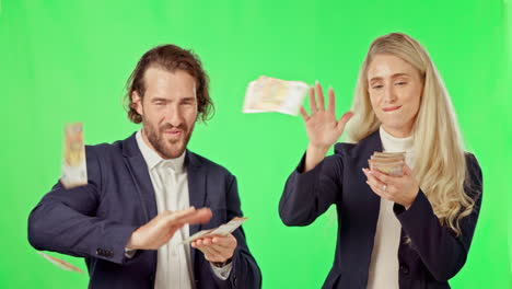 Money,-rain-and-green-screen-with-people