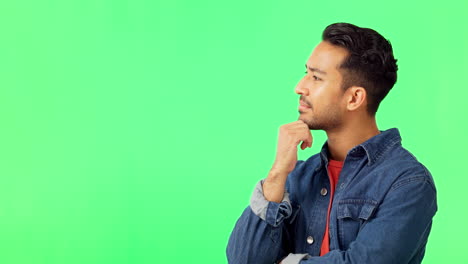 Thinking,-face-and-man-with-idea-in-green-screen