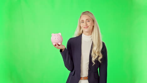Business-woman,-money-and-piggy-bank-on-green
