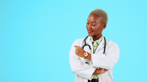 Black-woman,-portrait-or-doctor-pointing-at-mockup