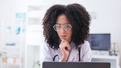 Serious,-woman-and-doctor-thinking-at-laptop