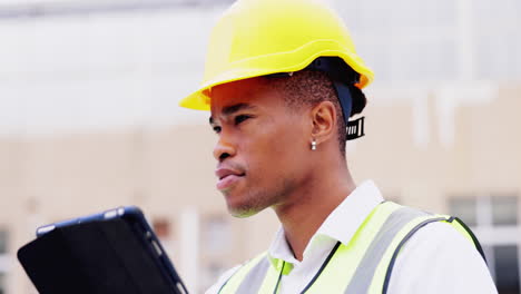 Inspection,-construction-or-black-man-with-tablet