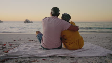 Back,-sunset-and-senior-couple-on-a-beach