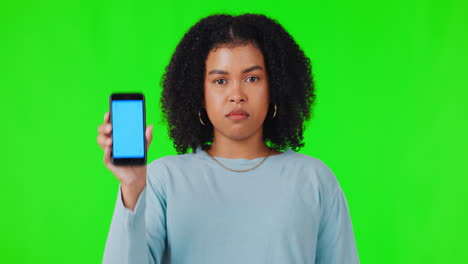 Woman,-phone-and-thumbs-down-for-mockup-on-green