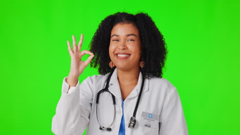 Okay-hand,-happy-woman-or-doctor-on-green-screen