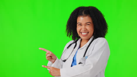 Happy-woman,-doctor-and-pointing-on-green-screen