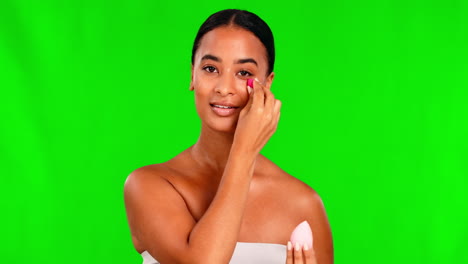 Green-screen,-makeup-and-woman-with-beauty-blender