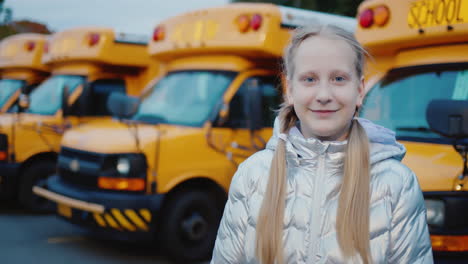 Portrait-of-a-child-against-the-background-of-a-number-of-school-buses