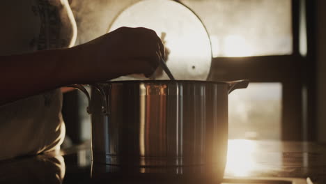 A-woman-cooks-soup-on-an-induction-stove,-stirs-with-a-spoon.-The-setting-sun-shines-through-the-window-behind